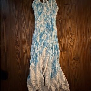 Blue and White Floral Dress with Lace Hem